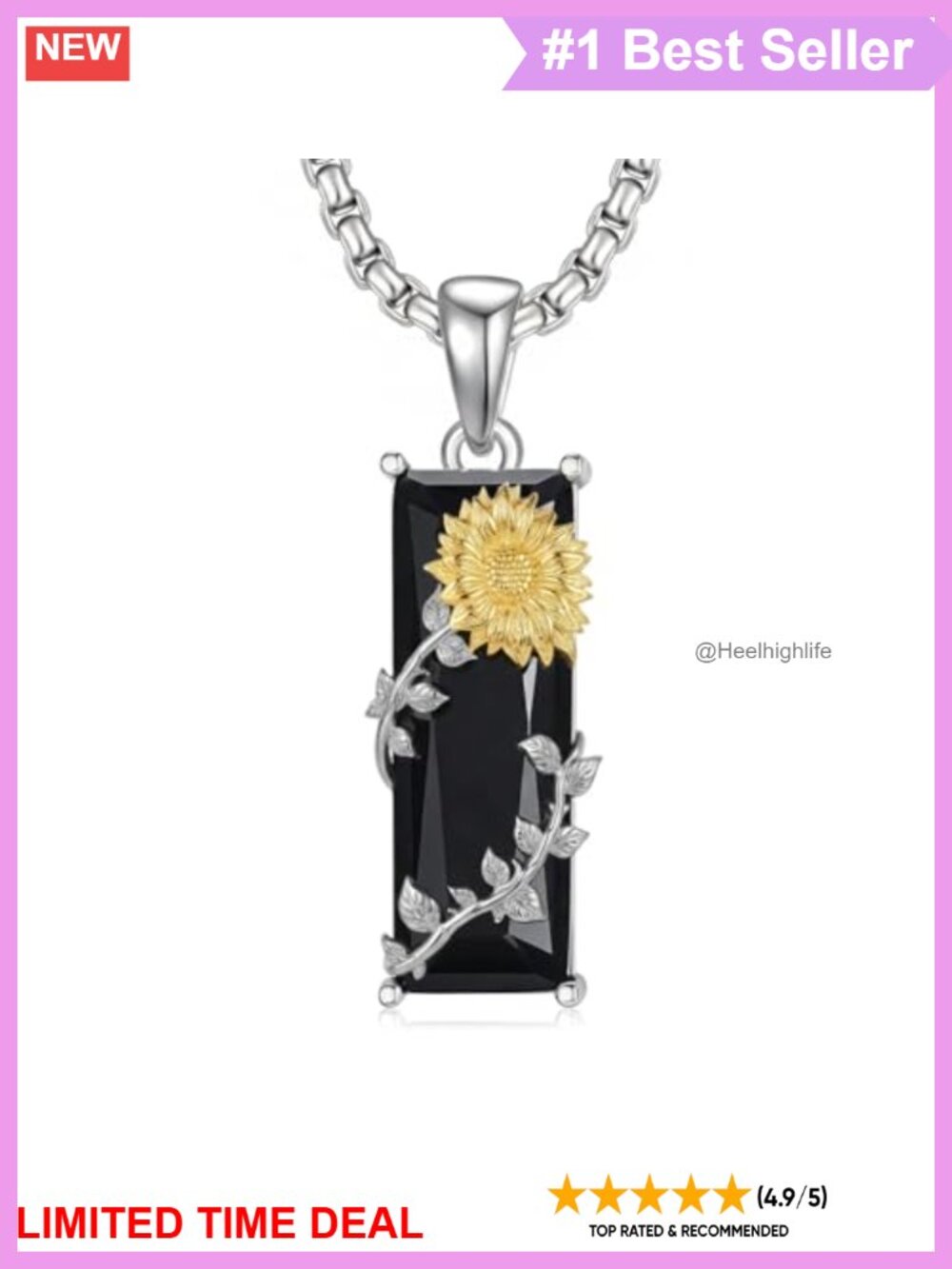 925 Sterling Silver Black Agate Sunflower Bar Necklace Gothic Jewelry